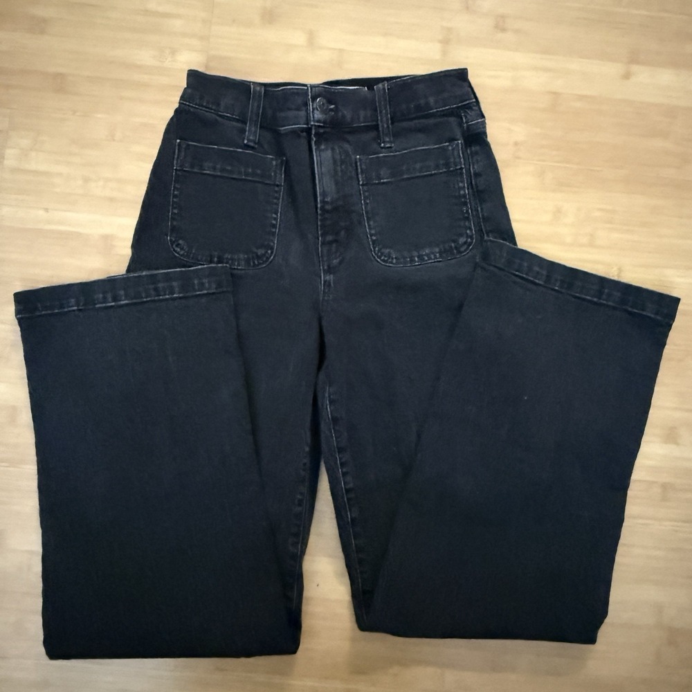 Madewell Women 24 Emmett Jean Wide Leg Slim Waist Faded Black Denim Patch Pocket